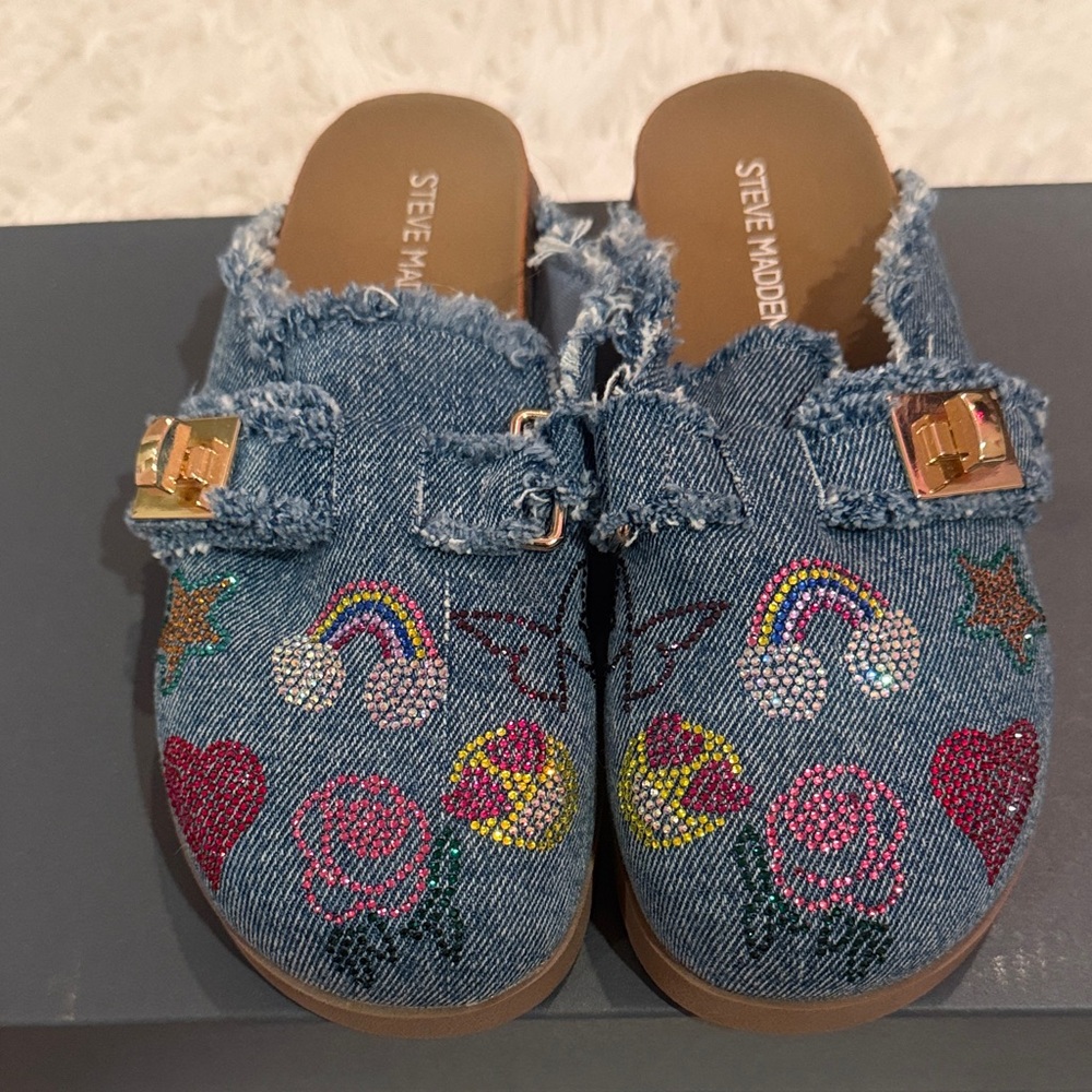 Steve Madden Kids Denim Slippers with Colorful Embellishments